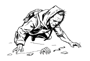 Confusion and pressure in thin lines solo traveler with no face with his body parts left on the path behind him he’s crawling tattoo idea
