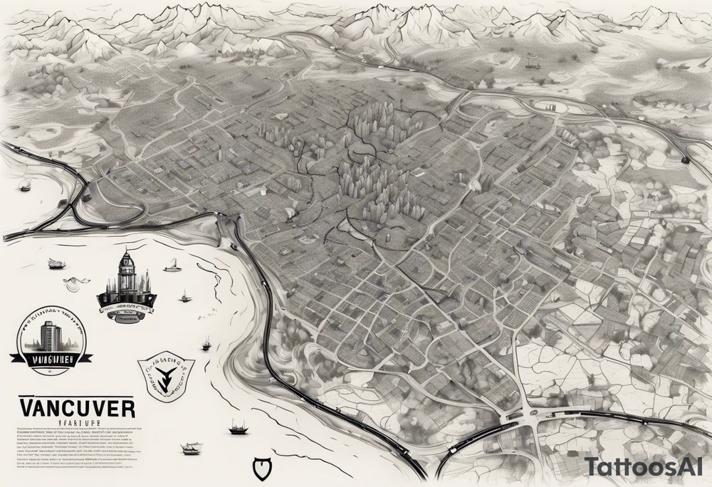 A overview old school map of vancouver B.C with water drop staining and major roadways highlighted with honeycomb tattoo idea