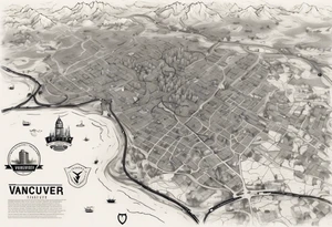 A overview old school map of vancouver B.C with water drop staining and major roadways highlighted with honeycomb tattoo idea