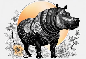 Asymmetrical, geometric, chinese ink art touch, hippo , full moon, wintersweet flower, light , modify from my favourite, s-shape tattoo idea