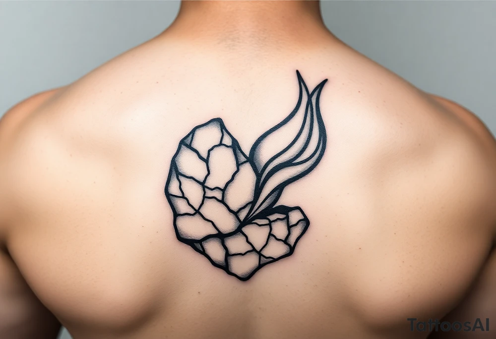 An abstract masculine tattoo combining two elements: a rugged, cracked stone shape symbolizing endurance and solitude, entwined with a sharp, flowing flame representing passion, love, and inner power. The stone has fine cracks and textures, while the flame features clean, bold lines. The two merge seamlessly, contrasting hard edges with dynamic curves. Design uses bold black linework with minimal shading, emphasizing strength and emotional complexity. tattoo idea
