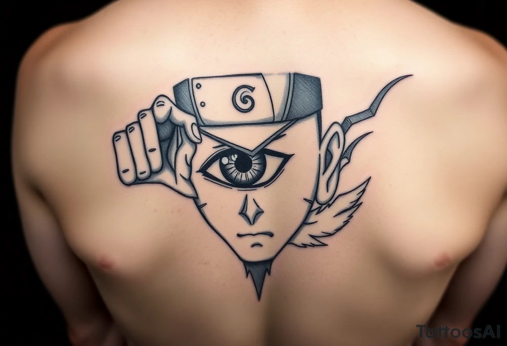 create me a sauske tattoo from Naruto where he is holding his eye and rinnegon in his other tattoo idea