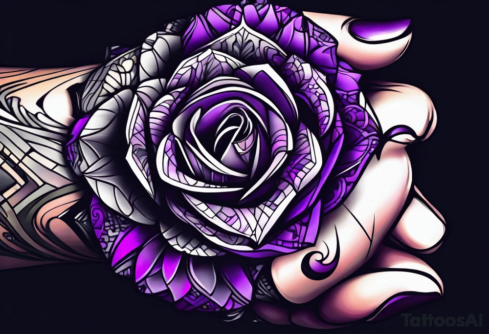 lines around wrist, abstract, black and purple, covered from wrist to forearm, fully covered, no borders, blackwork, no faces tattoo idea