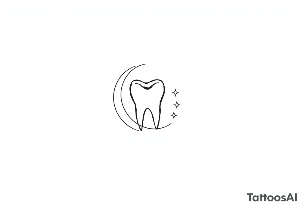 Fine-line, minimalist tattoo of a small molar tooth delicately cradled by a thin crescent moon, with two tiny sparkling stars floating nearby. Very subtle dot-work shading only at the base of the tooth for depth. Clean black-ink line-art, airy and elegant, designed for a small behind-the-ear placement tattoo idea