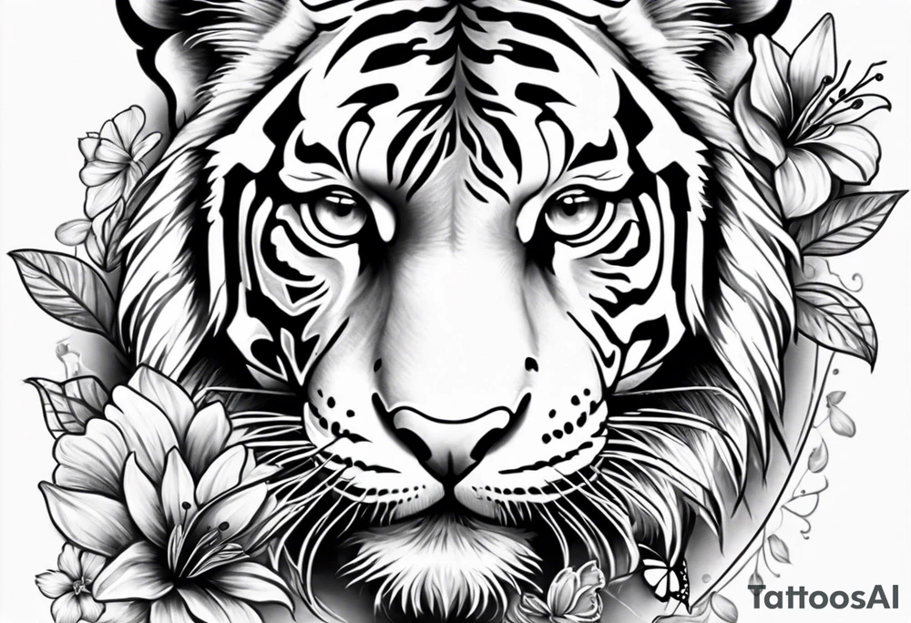 tiger, 3 butterflies, flowers for ladies thigh / hip tattoo idea