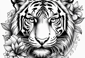 tiger, 3 butterflies, flowers for ladies thigh / hip tattoo idea