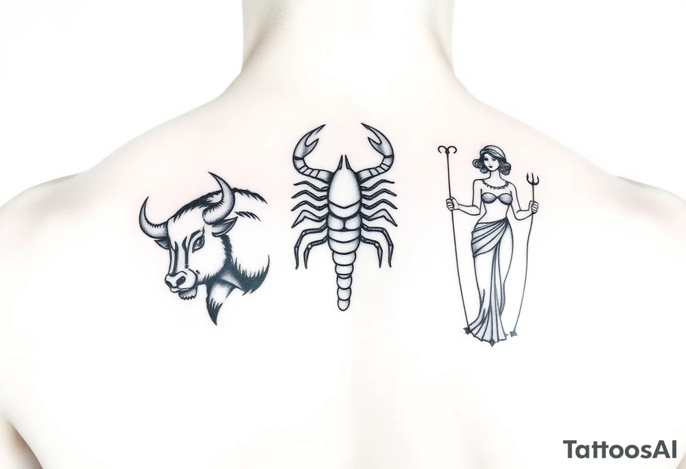 Minimalist tattoo design, featuring three distinct figures: a powerful bull, a stylized scorpion, and a graceful maiden (Virgo), fine line art style, black ink, white background, clean contours, no shading, elegant composition, sophisticated masculine aesthetic, high contrast tattoo idea