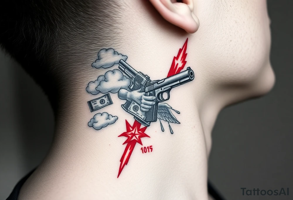 deepfull description of details with clouds,fire guns, money,angels and red for the side of neck tattoo idea