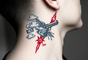 deepfull description of details with clouds,fire guns, money,angels and red for the side of neck tattoo idea