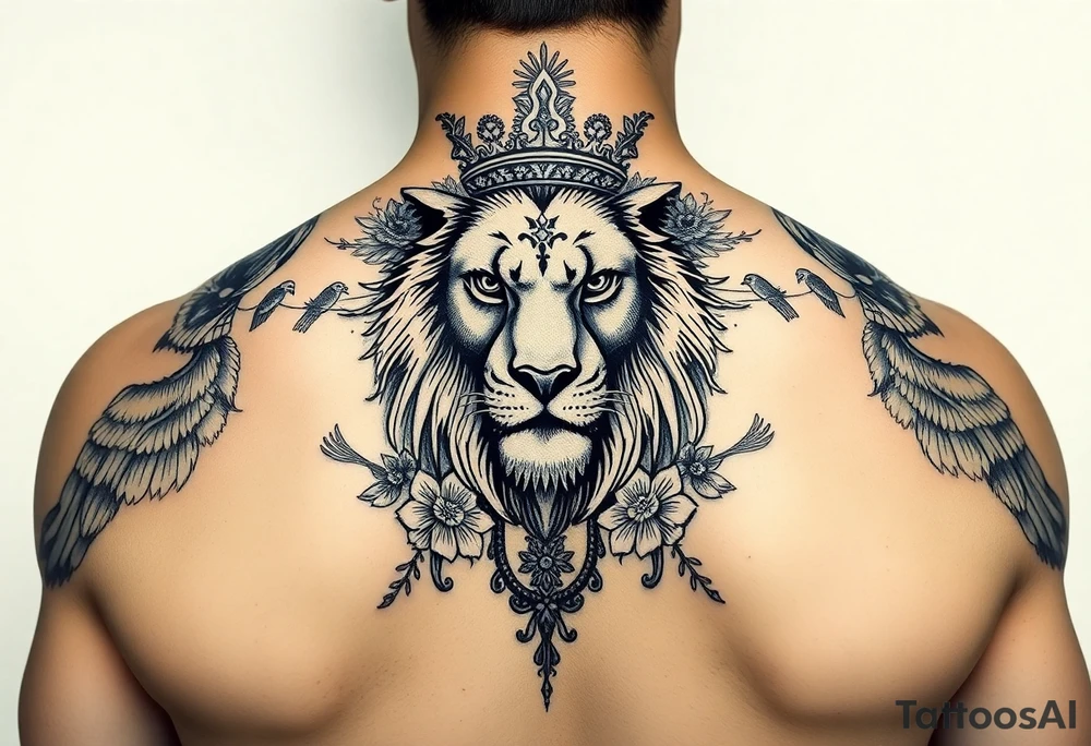 powerful majestic lion with a crown, surrounded by floral ornaments and birds tattoo idea