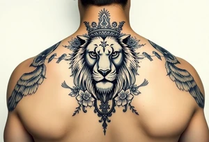 powerful majestic lion with a crown, surrounded by floral ornaments and birds tattoo idea