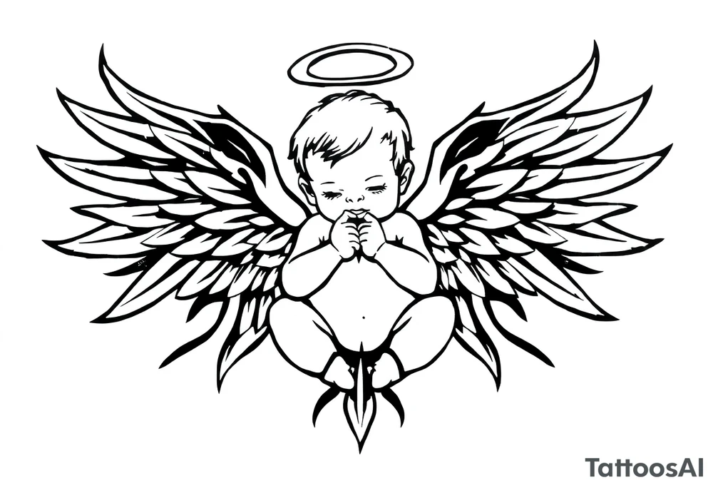 a baby angel with wings holding an ar tattoo idea