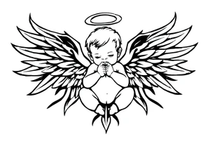 a baby angel with wings holding an ar tattoo idea