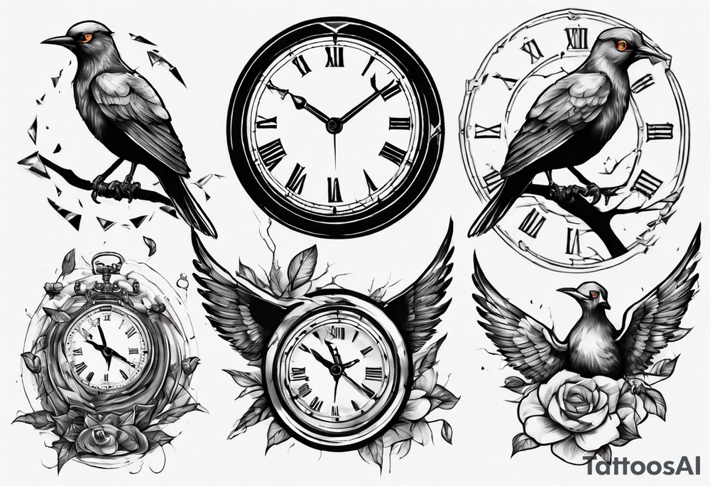 clock breaks like a mirror and small pieces turn into birds tattoo idea