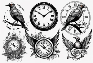 clock breaks like a mirror and small pieces turn into birds tattoo idea