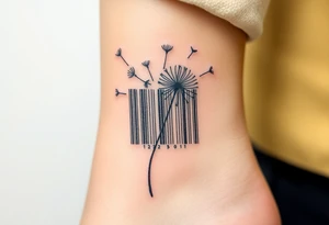 A barcode where the lines break apart into floating dandelion seeds, symbolizing dreams and wishes coming true tattoo idea