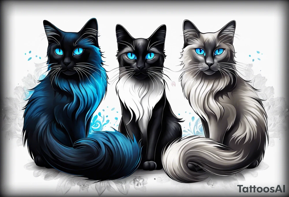 Two cats. One is medium length black and white fur, the other is a medium gray Siamese with blue eyes that are slightly crossed. tattoo idea
