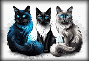 Two cats. One is medium length black and white fur, the other is a medium gray Siamese with blue eyes that are slightly crossed. tattoo idea