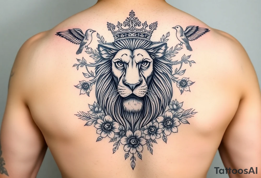 powerful majestic lion with a crown, surrounded by floral ornaments and birds tattoo idea