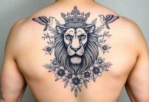 powerful majestic lion with a crown, surrounded by floral ornaments and birds tattoo idea