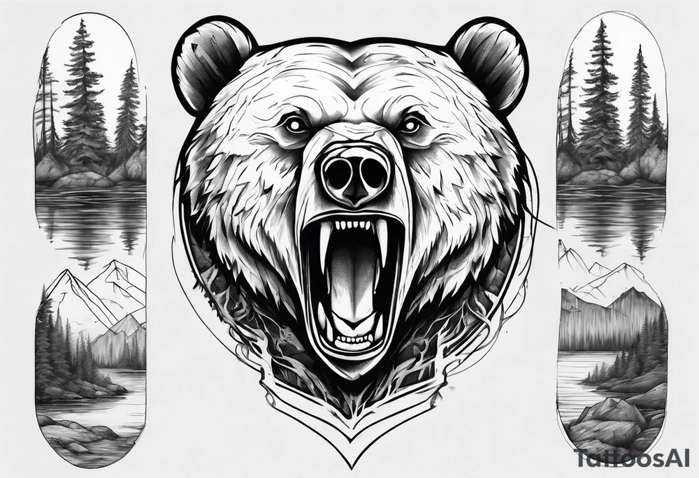 bear head right above the forest line with a lake below, full arm sleeve tattoo tattoo idea