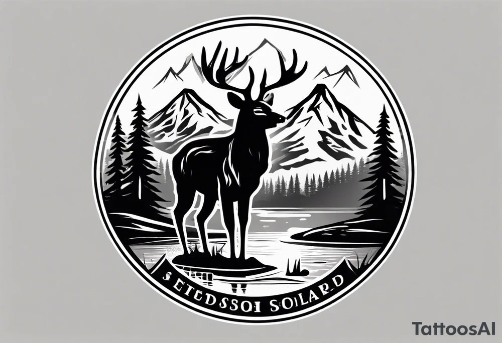 A logo for an outdoors company that includes an "S" and an "M". Includes a mountain, a lake, some trees, and a deer tattoo idea