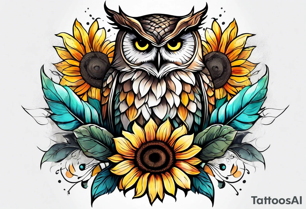 Leg sleeve with colorful sunflowers and an owl tattoo idea
