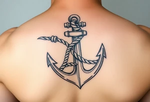 weathered anchor wrapped in nautical rope with sea waves tattoo idea