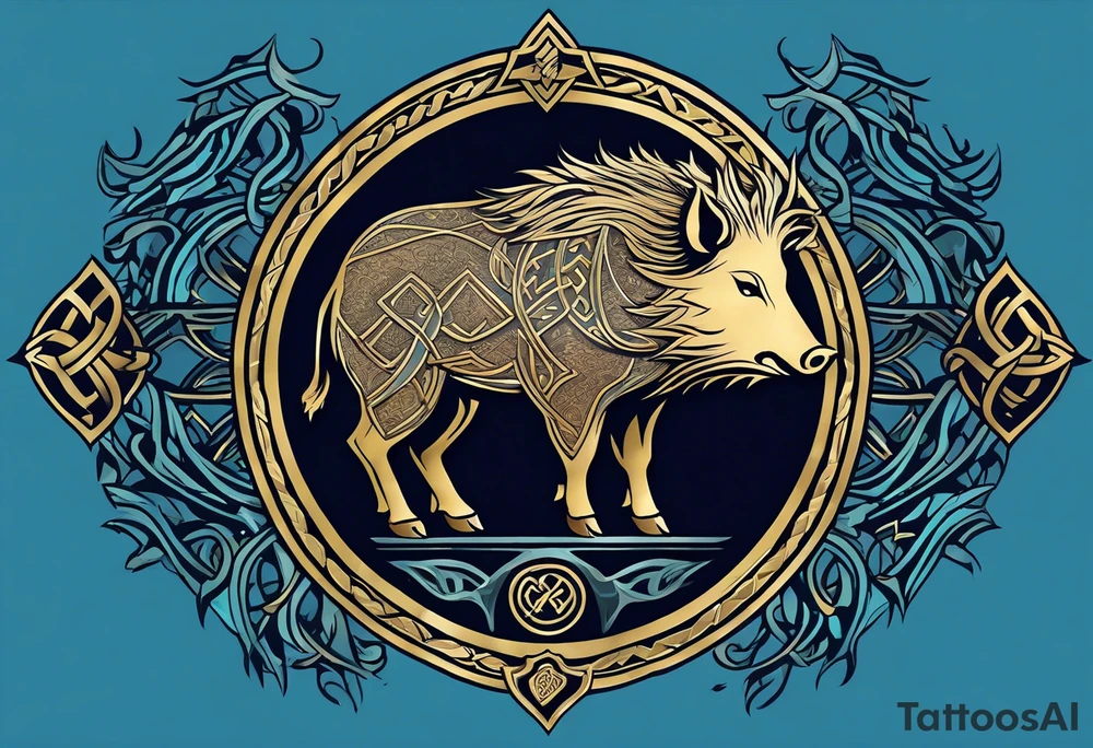 Side profile, Celtic, tribal, wild boar, On a Chatwin family crest with blue background, two gold stars, and a gold Chevron, and a Thistle tattoo idea