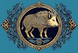 Side profile, Celtic, tribal, wild boar, On a Chatwin family crest with blue background, two gold stars, and a gold Chevron, and a Thistle tattoo idea