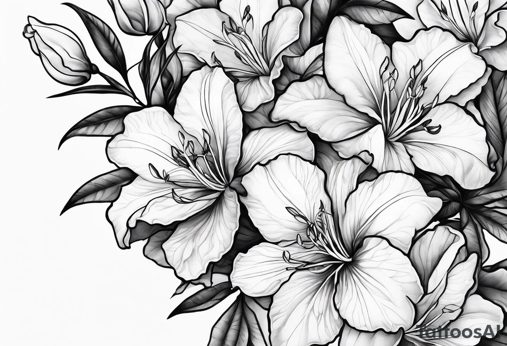 5-petal azaleas with buds along a long branch tattoo idea
