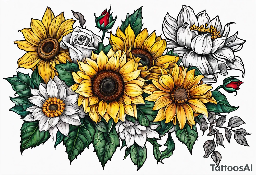Sunflower daffodil, daisy, rose, Adler, chrysanthemum, holly Birth flower tattoo idea