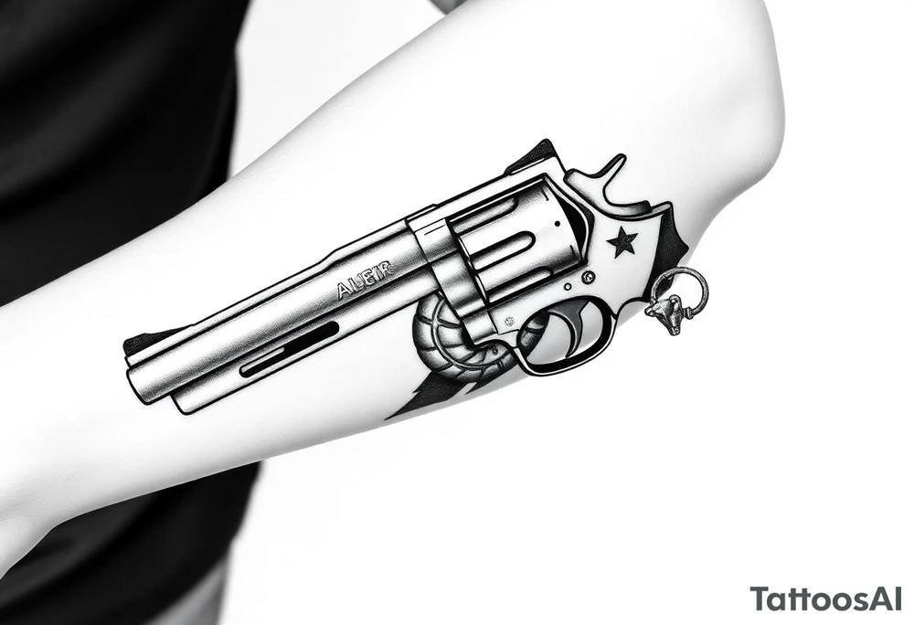 Revolver, American flag, state of florida, grenade, horseshoe, bulldog and blended into a half forearm sleeve tattoo idea