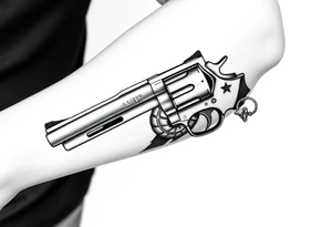 Revolver, American flag, state of florida, grenade, horseshoe, bulldog and blended into a half forearm sleeve tattoo idea
