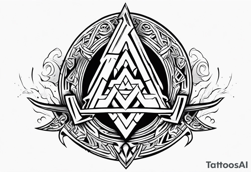 Valhalla sword 
shield axe Valknut mist tattoo idea