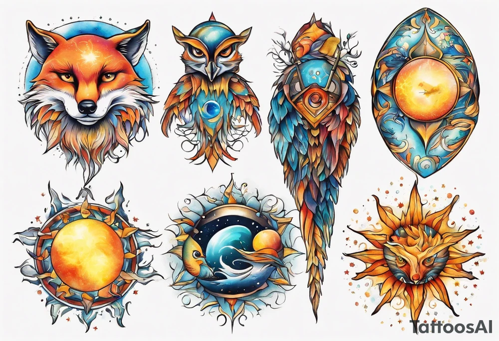 fisch, fuchs und eule , symetrie  sonne, universum, bunt, " sapere aude" tattoo idea