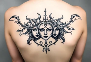 Half hades face and half persephone face middle pf the chest going all the way to both shoulders with background related tattoo idea