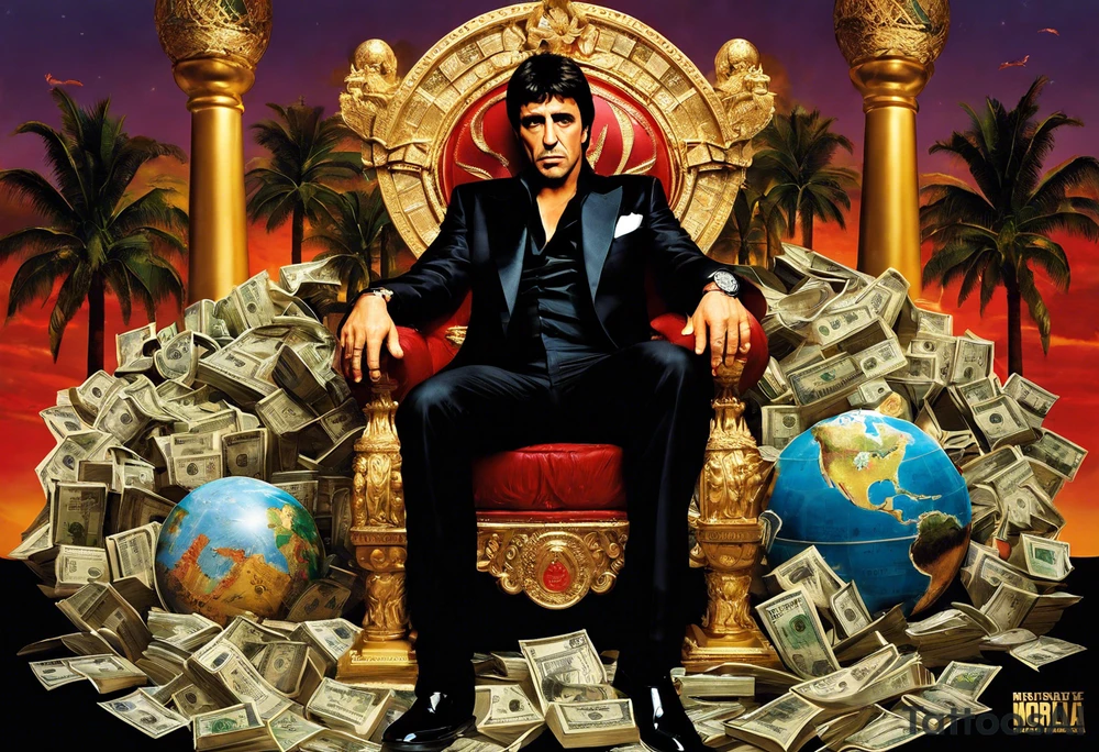 Tony Montana sitting on his throne with his infamous "The World is Yours” globe in hand, surrounded by elements that represent key scenes or motifs from the movie? For example, you could include symbols like piles of cocaine, palm trees, guns, and perhaps even the iconic "Say hello to my little friend" scene in the background. This would create a dynamic and visually captivating tattoo that pays homage to Scarface in a unique and personalized way. tattoo idea