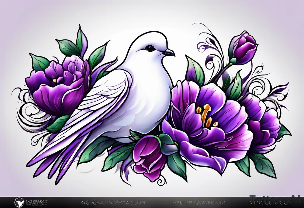 Purple flowers with a white dove to conmemorate somebody that passed away tattoo idea