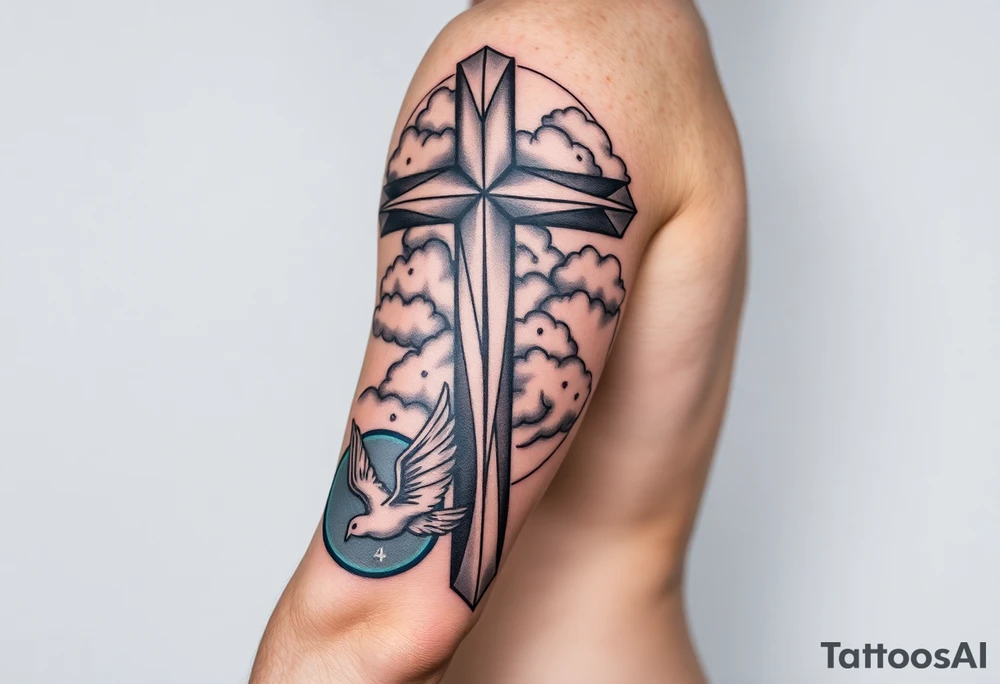 Big cross with clouds in the back with a dove a the bottom left of the forearm with a blue circle around it and the number 4 to the of the dove. tattoo idea