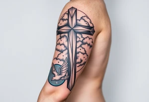 Big cross with clouds in the back with a dove a the bottom left of the forearm with a blue circle around it and the number 4 to the of the dove. tattoo idea