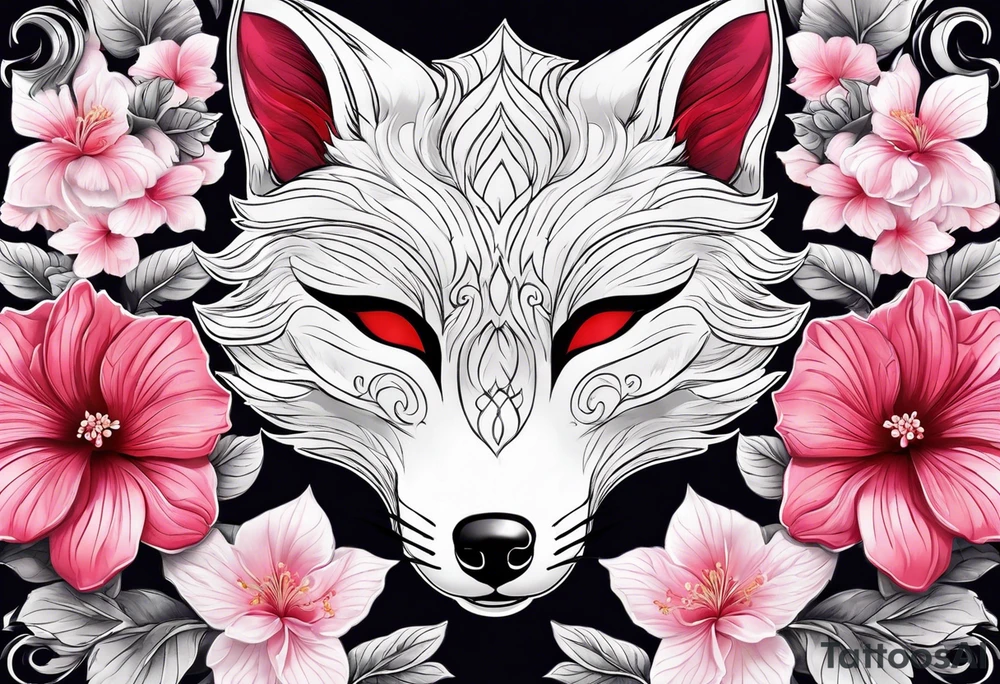 White fox mask with red accents and pink hibiscus flowers tattoo idea