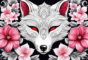 White fox mask with red accents and pink hibiscus flowers tattoo idea