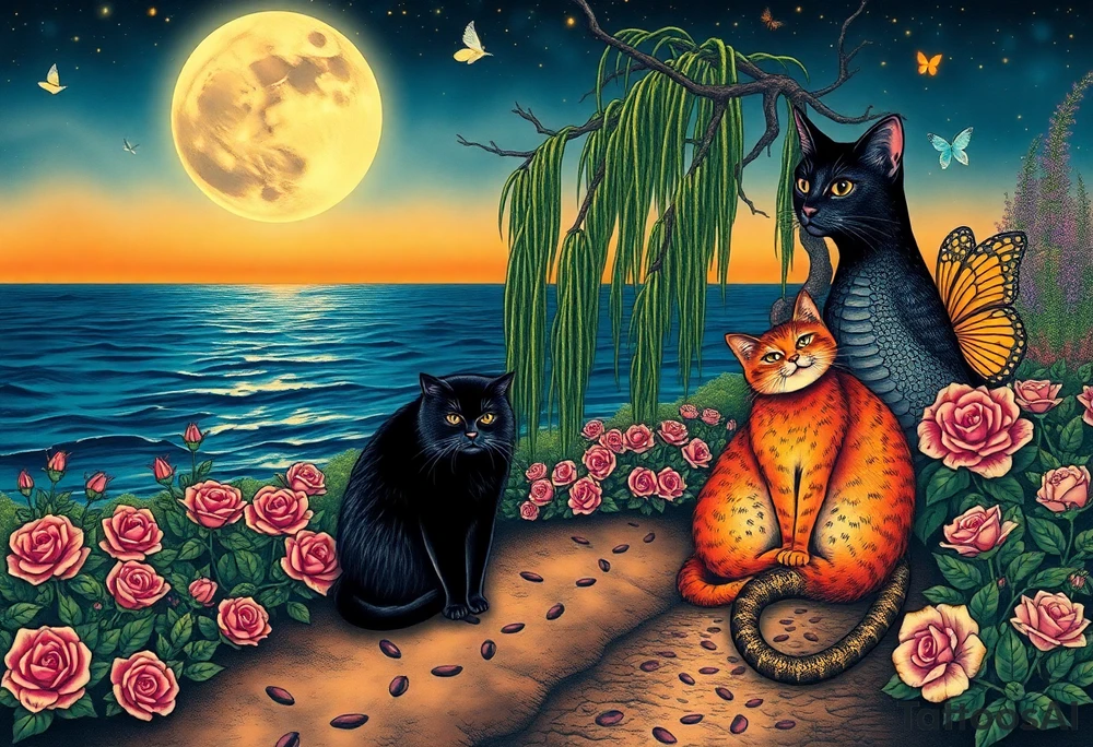 Night time. Ocean.  weeping willow garden with roses and liles flower beds. fantasy creatures, fairies, mermiads, dragons butterflies,  cat paw prints path in dirt. Black cat and orange cat tattoo idea