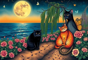 Night time. Ocean.  weeping willow garden with roses and liles flower beds. fantasy creatures, fairies, mermiads, dragons butterflies,  cat paw prints path in dirt. Black cat and orange cat tattoo idea