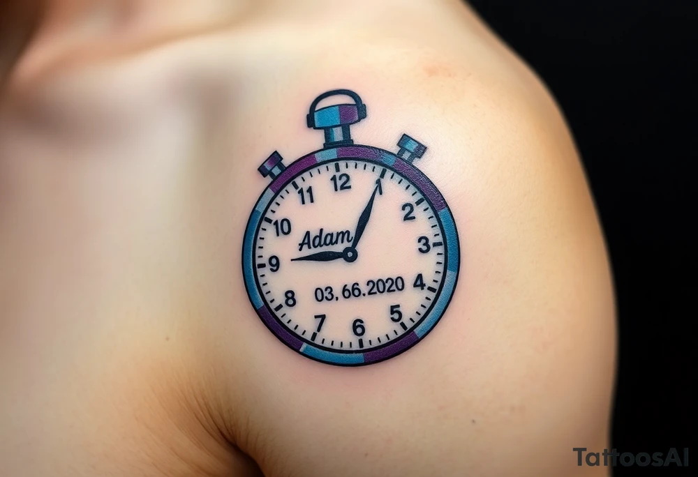 A stopwatch clock, which contains the child’s name "AdamL and birth date "03. 06. 2020", in blue, purple, and silver tattoo idea