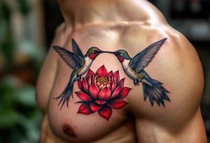 hummingbird drinking from lotus flower (Red and black colors only) tattoo idea