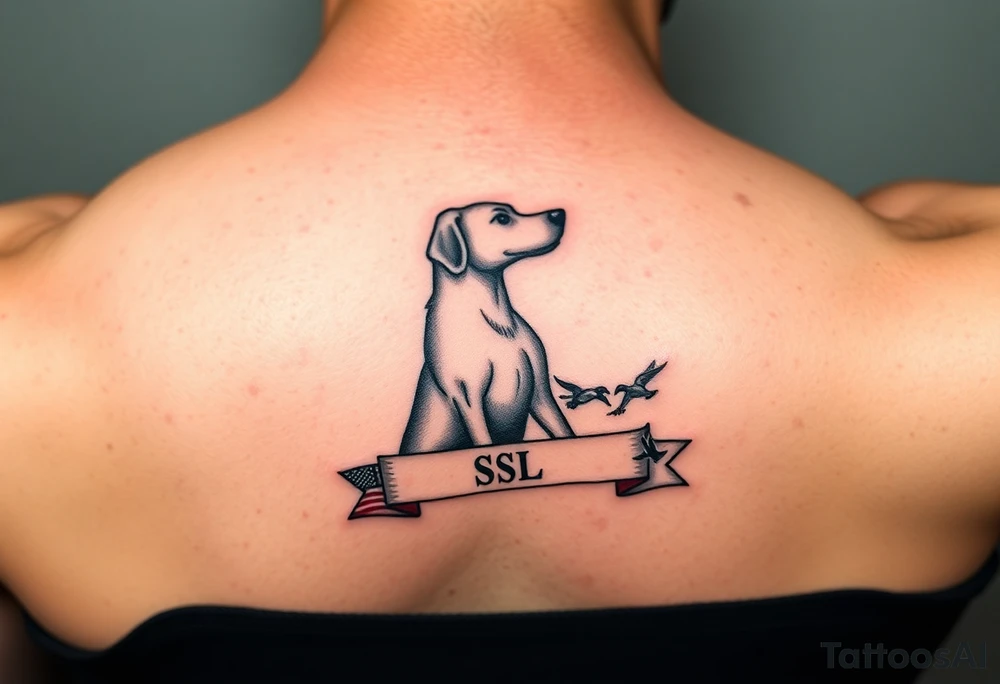 Small forearm Hunting tattoo featuring an upland dog silhouette, Italian flag and American flag, SSL initials inside a banner, with some ducks in sky tattoo idea