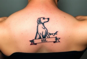 Small forearm Hunting tattoo featuring an upland dog silhouette, Italian flag and American flag, SSL initials inside a banner, with some ducks in sky tattoo idea
