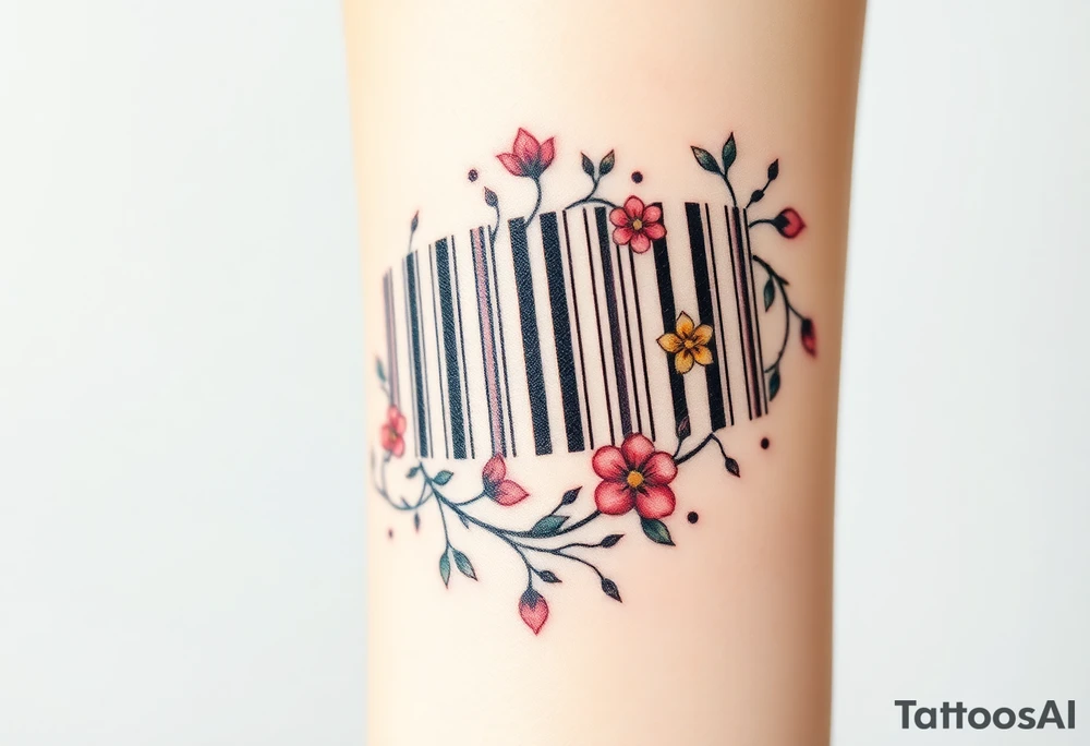 A barcode design where the lines morph into delicate vines and flowers, blending technology with nature tattoo idea